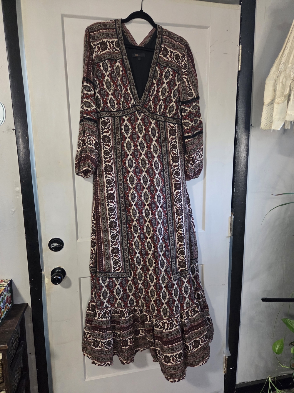 Frye Burgundy and Cream Boho V‑Neck Maxi Dress